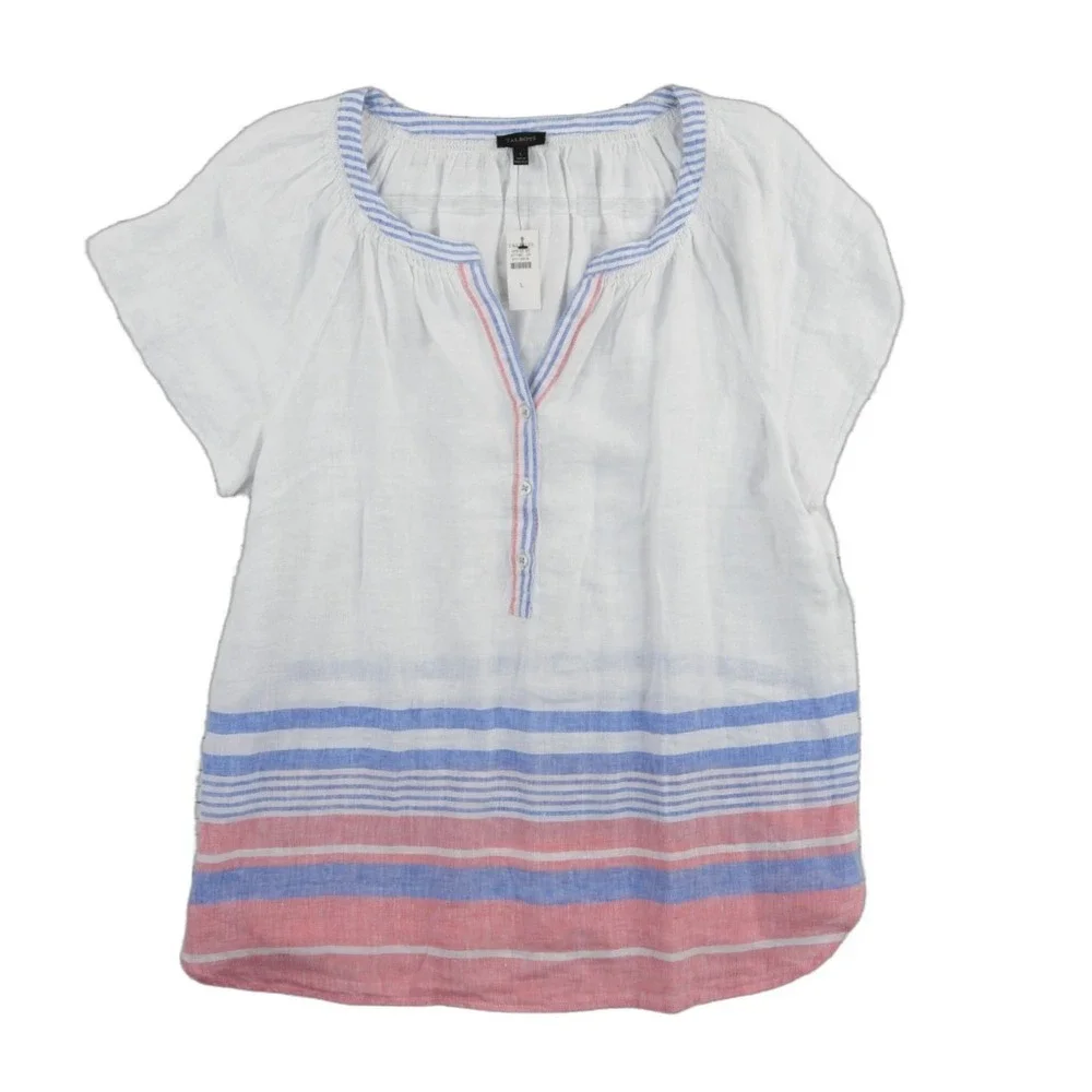 NWT Talbots 100% Linen Blouse Women's Size Large White Blue Coral Striped Henley